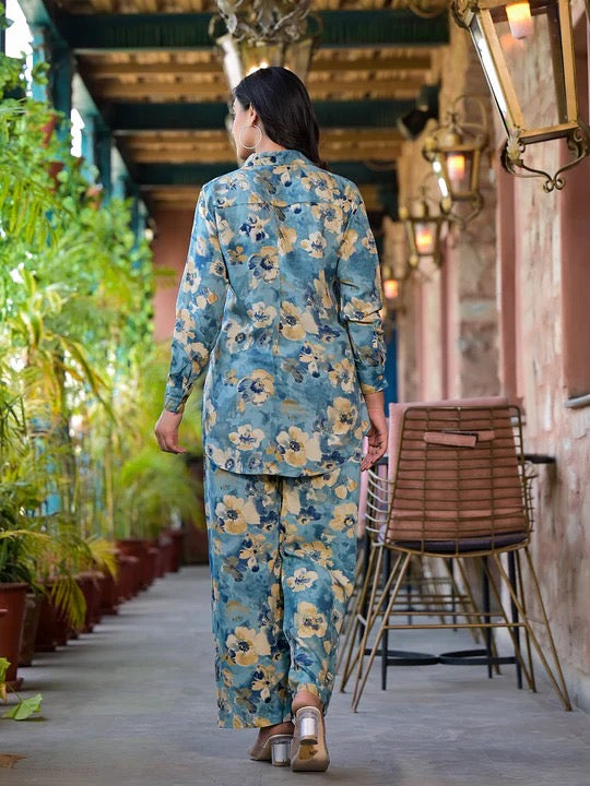 Blue Floral Printed Rayon Co-ord Set