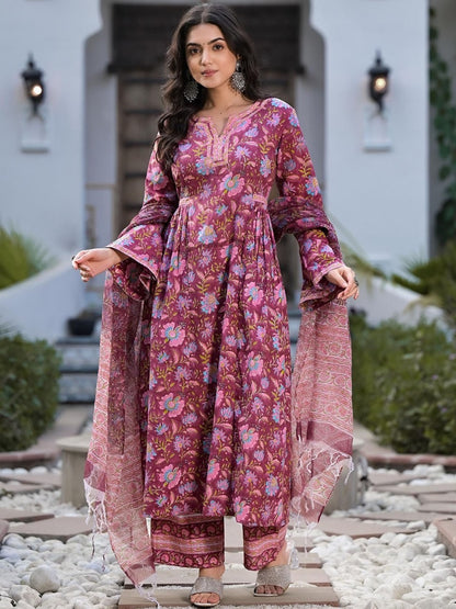 Floral Printed Regular Pure Cotton Kurta with Trousers & With Dupatta