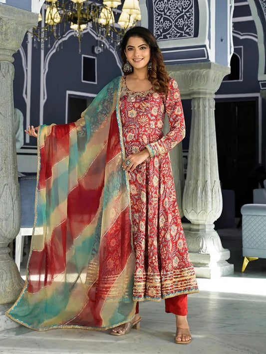 Red Floral Printed Anarkali Muslin Kurta Trouser with Dupatta Set