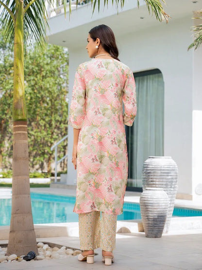 Cream-coloured printed Kurta with Trousers with dupatta