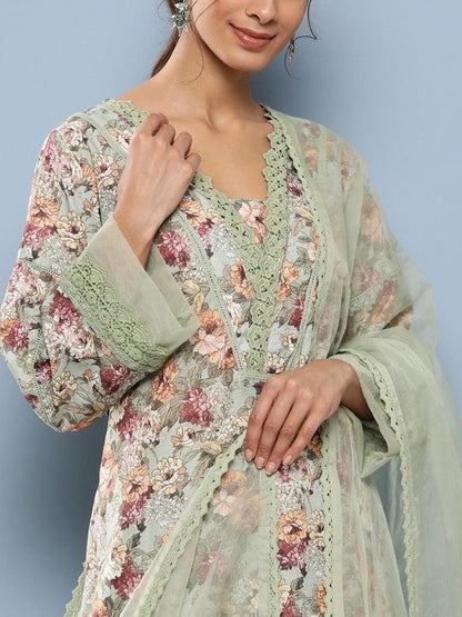 Floral printed kurta with trousers and organza Dupatta