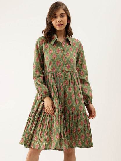 Green Ethnic Printed Tiered Cotton Shirt Dress