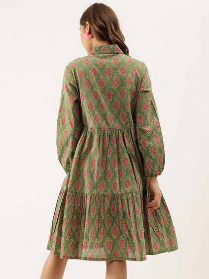 Green Ethnic Printed Tiered Cotton Shirt Dress