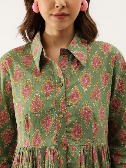 Green Ethnic Printed Tiered Cotton Shirt Dress