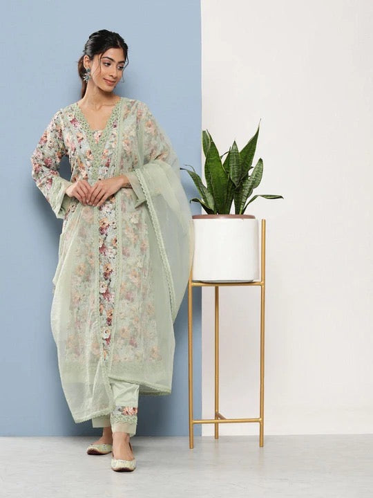 Floral printed kurta with trousers and organza Dupatta