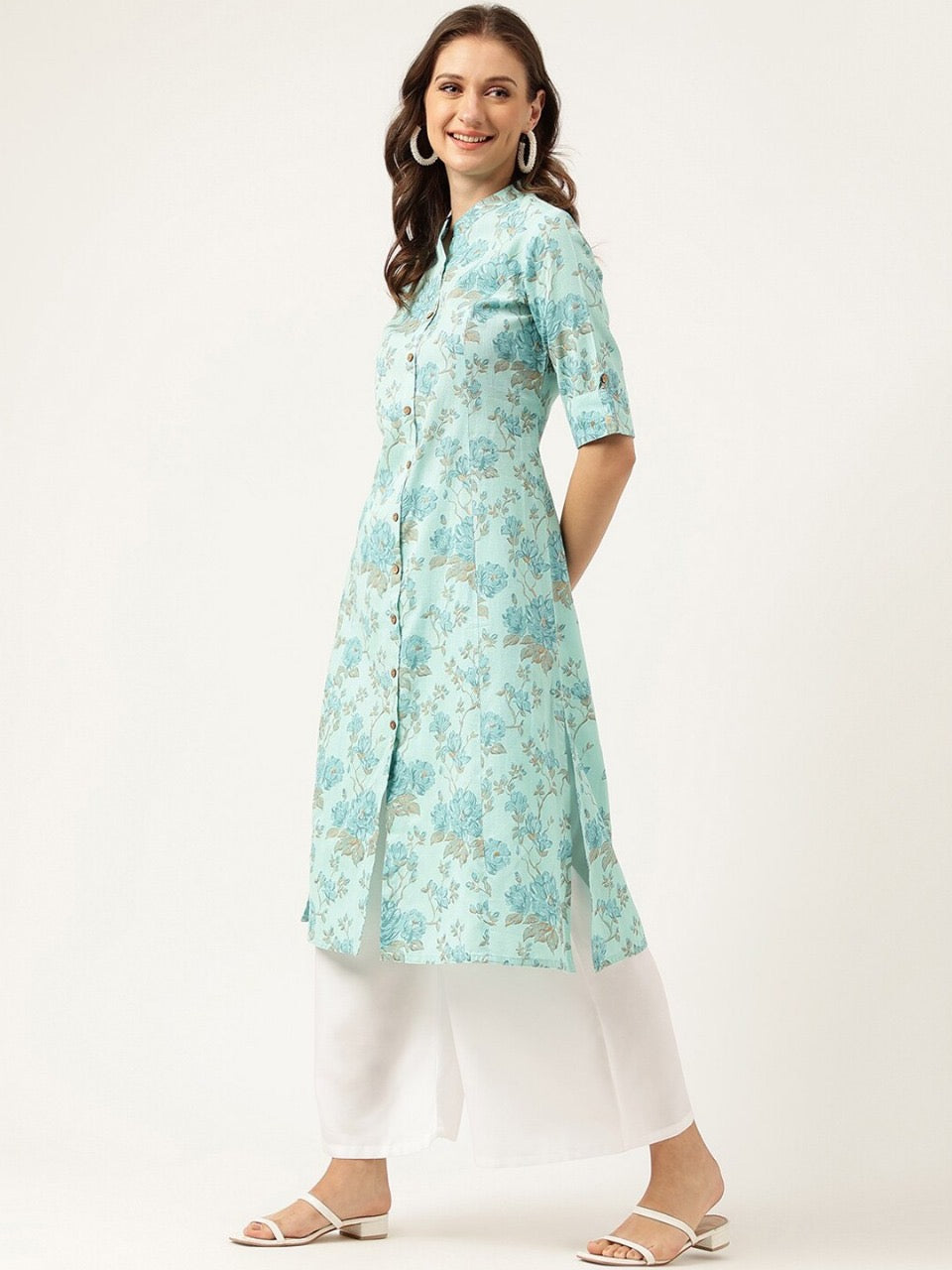 Floral Printed Roll-Up Sleeves A-Line Cotton Kurta💙