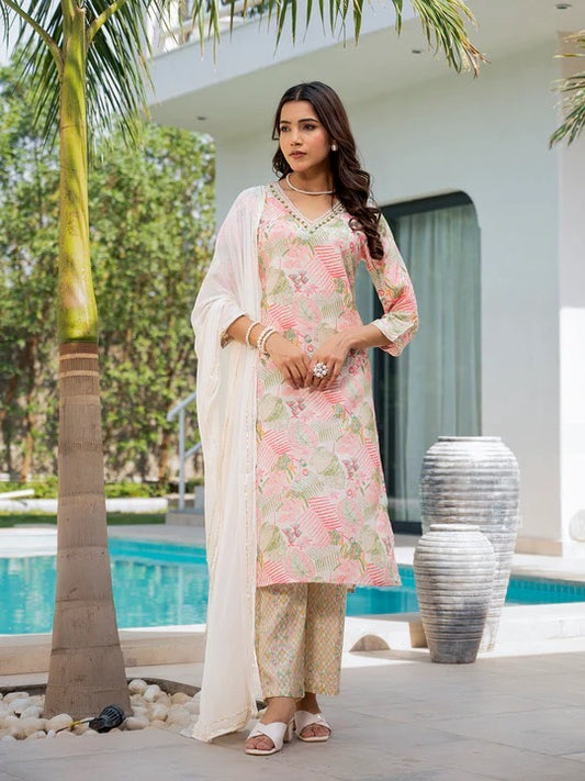 Cream-coloured printed Kurta with Trousers with dupatta