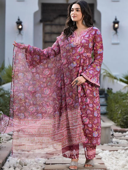 Floral Printed Regular Pure Cotton Kurta with Trousers & With Dupatta