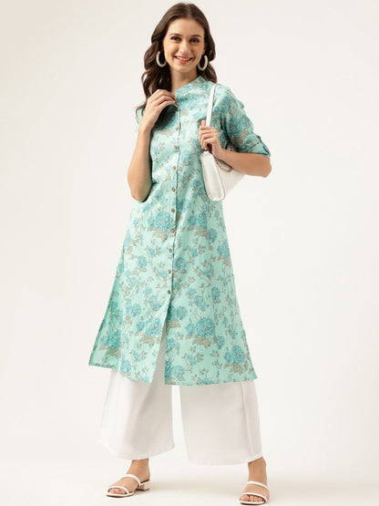 Floral Printed Roll-Up Sleeves A-Line Cotton Kurta💙