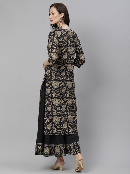 Black and beige printed Kurta with Palazzos
Ethnic motifs printed, Straight shape