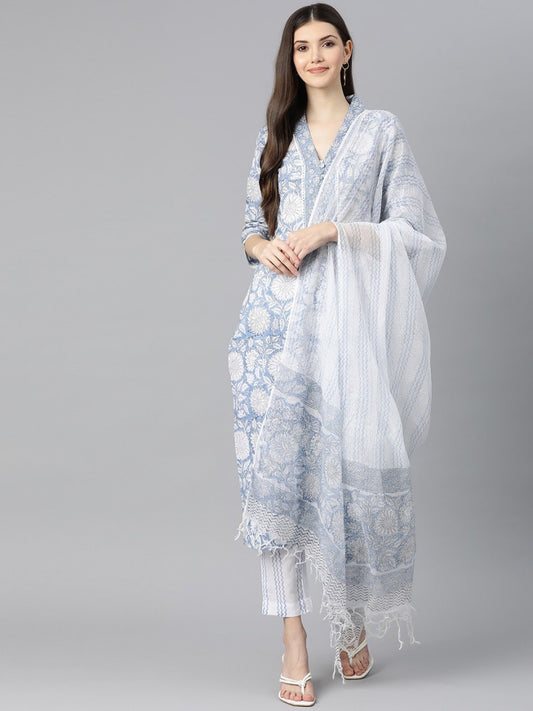 Light Blue printed Kurta with Trousers and dupatta