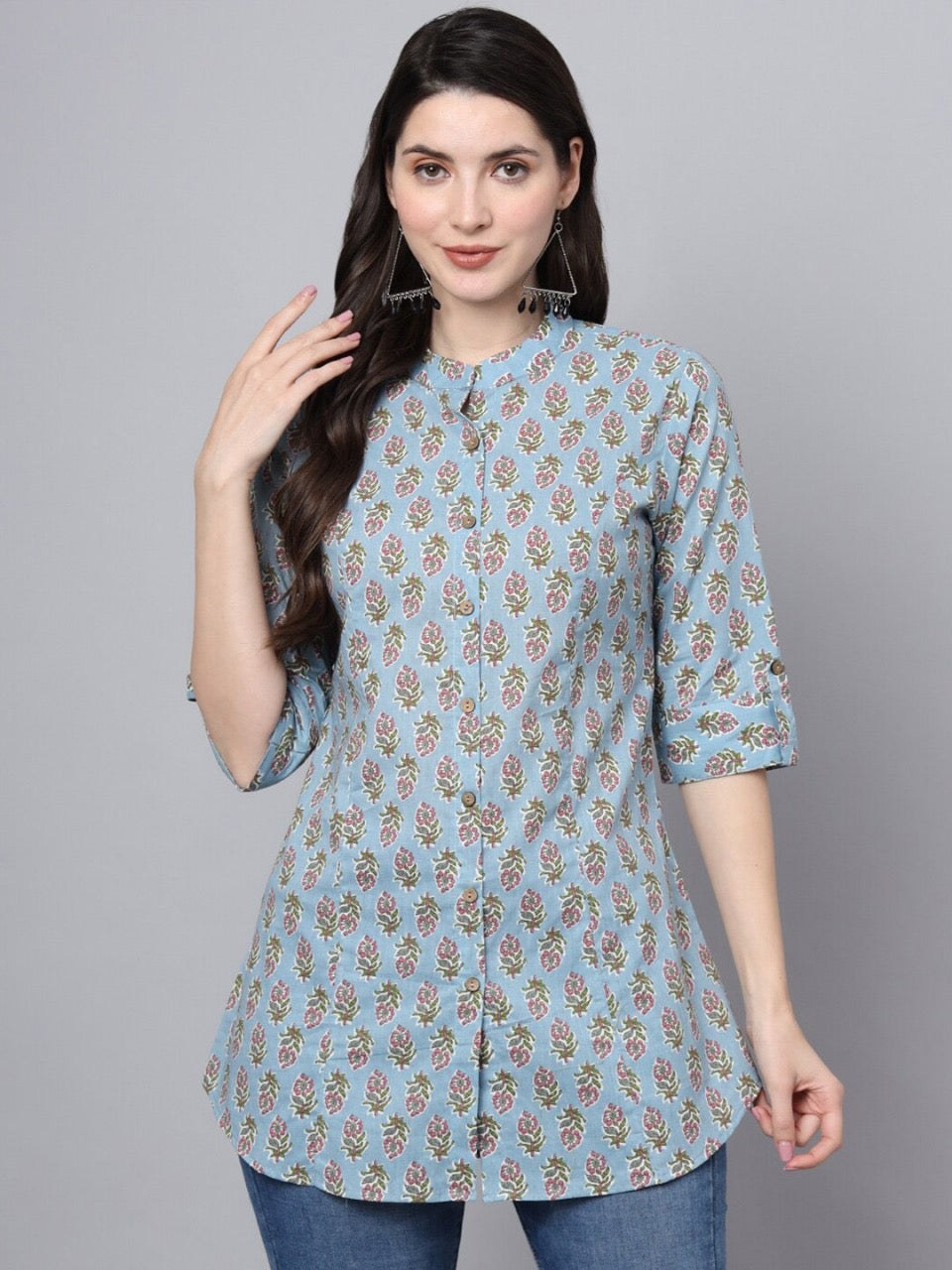 Blue longline shirt style top