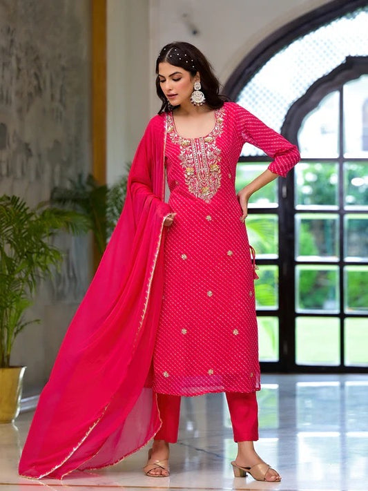 Pink Leheriya Print Georgette Fabric Straight Kurta & Trouser with Dupatta