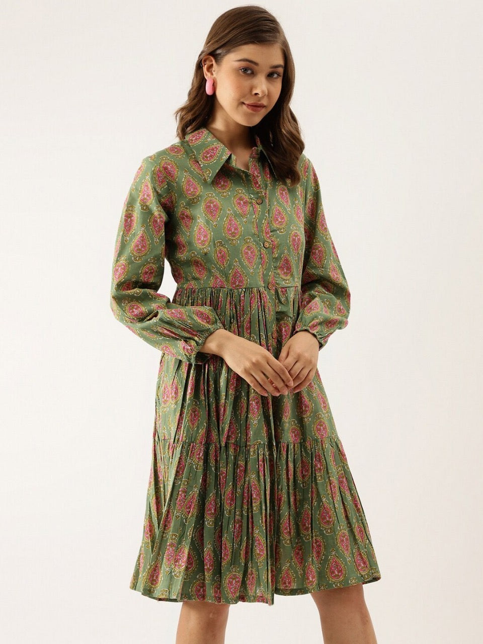 Green Ethnic Printed Tiered Cotton Shirt Dress