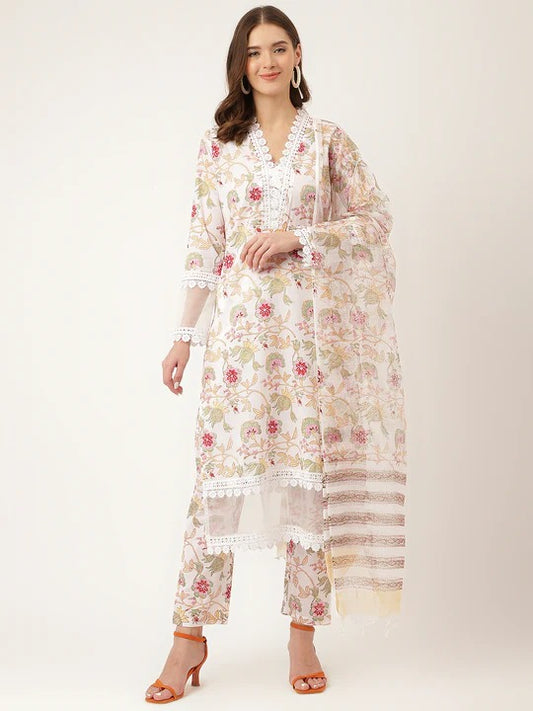 White printed Kurta with Trousers with dupatta