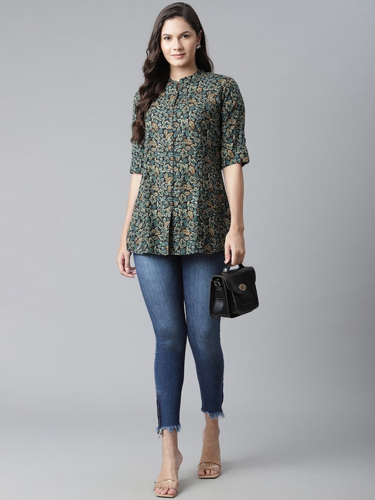 Navy Blue & Green Floral Printed Casual Shirt💚