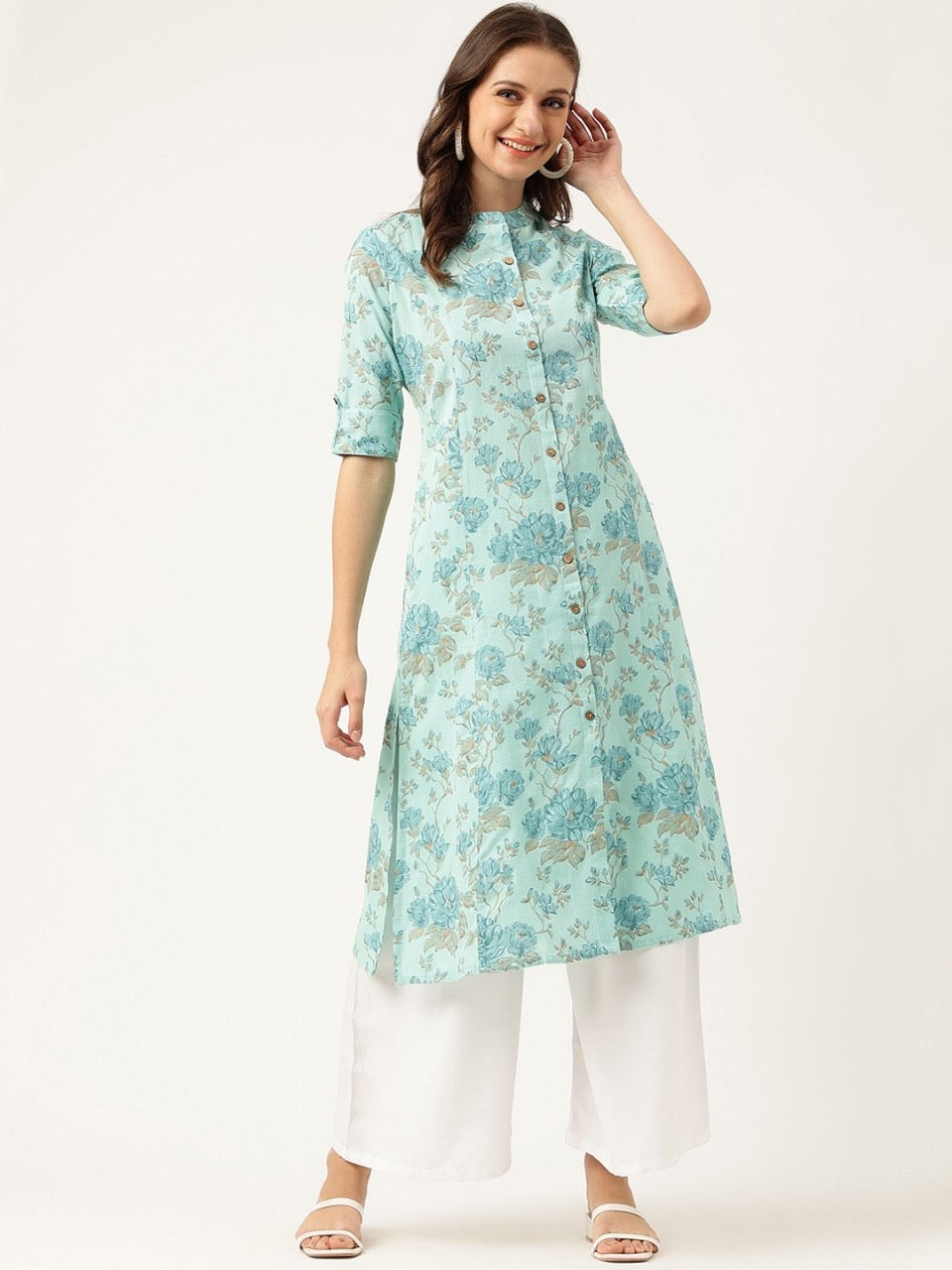 Floral Printed Roll-Up Sleeves A-Line Cotton Kurta💙