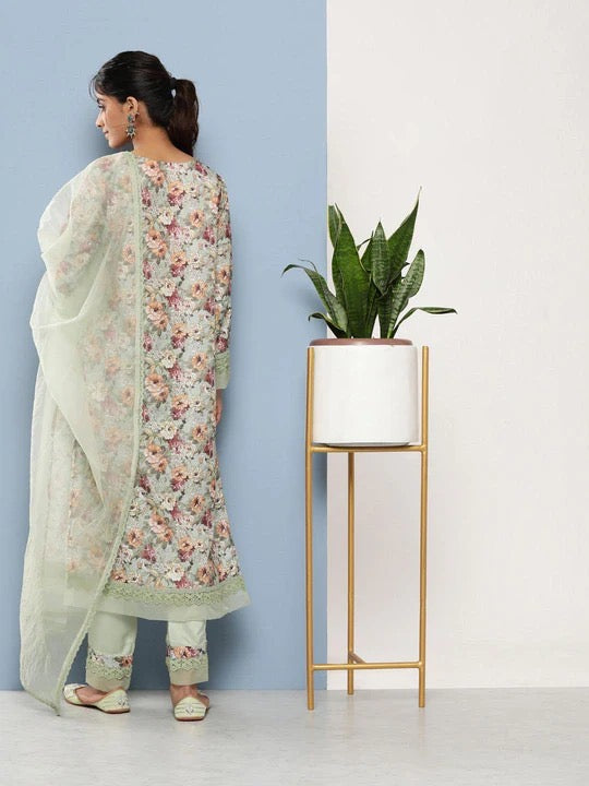 Floral printed kurta with trousers and organza Dupatta