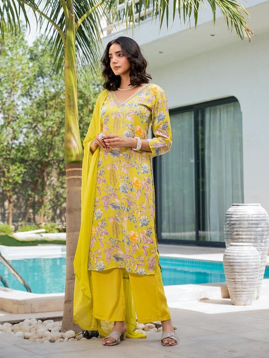 Yellow Embroidered Floral Print Muslin Kurta Set