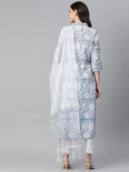 Blue printed Kurta with Trousers and dupatta