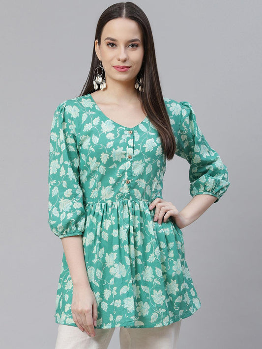 Divena Sea green Floral Printed Peplum Cotton top - divena world