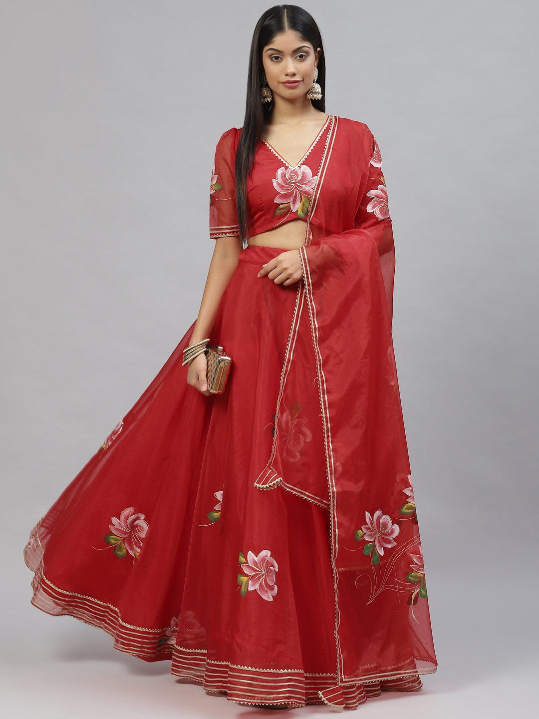 Divena Red Hand Painted Organza Flared Lehenga Choli Set with Organza Dupatta - divena world