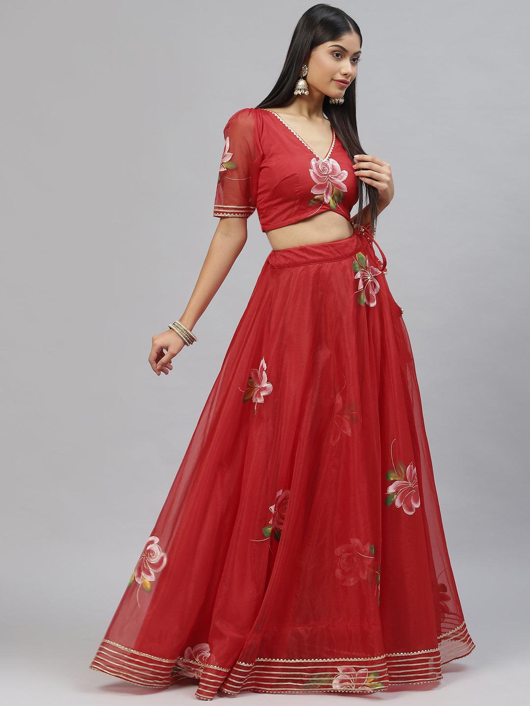 Divena Red Hand Painted Organza Flared Lehenga Choli Set with Organza Dupatta - divena world