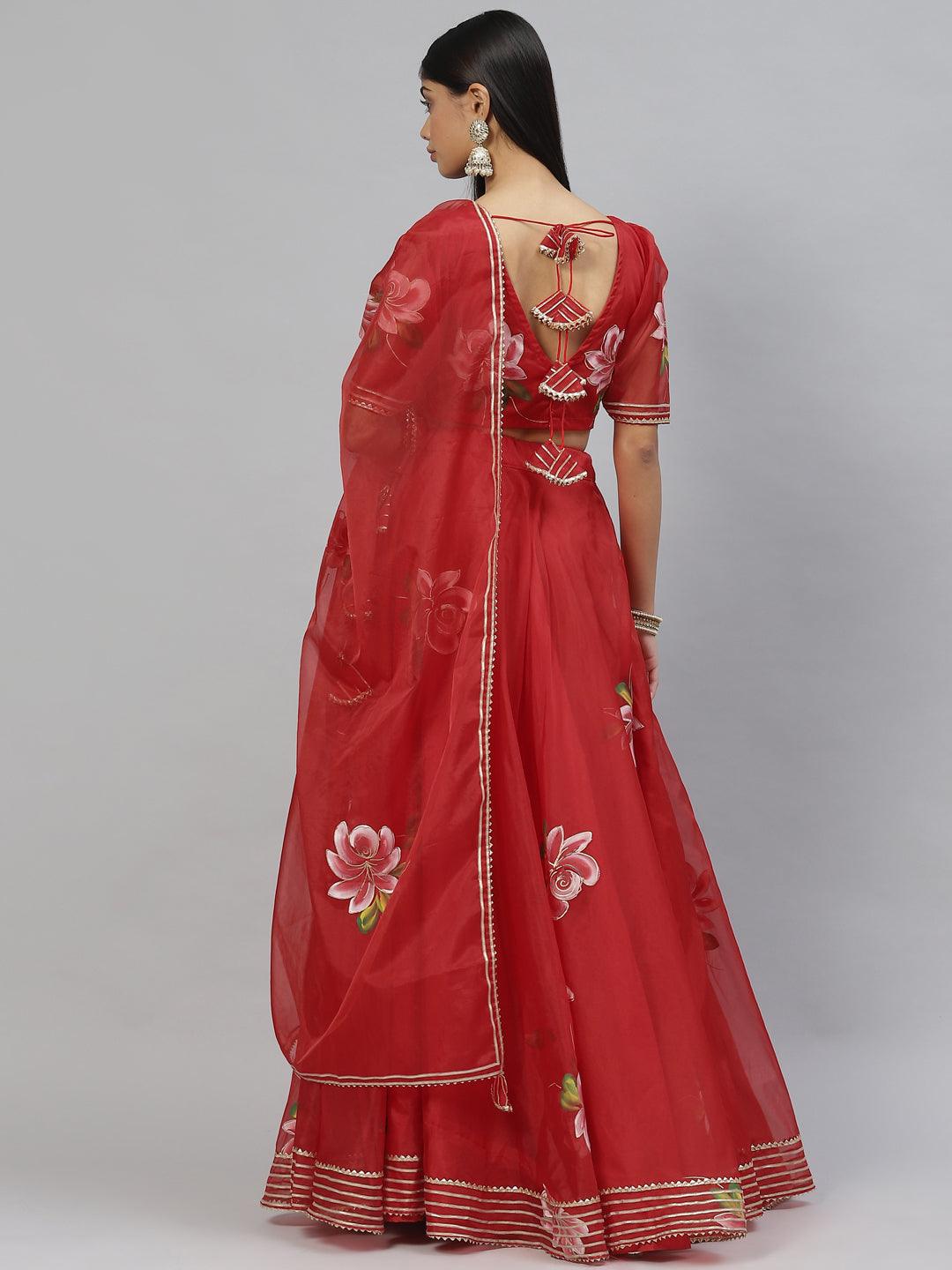 Divena Red Hand Painted Organza Flared Lehenga Choli Set with Organza Dupatta - divena world