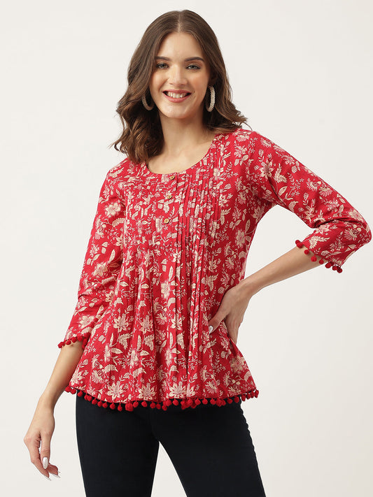 Red Floral Printed Cotton Peplum Top