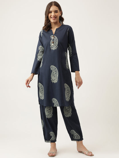 Navy Cotton Paisley Print Kurta Hem Cuffed Pant set