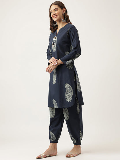 Navy Cotton Paisley Print Kurta Hem Cuffed Pant set