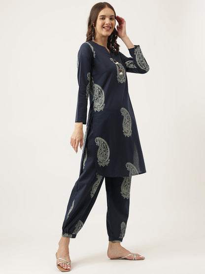 Navy Cotton Paisley Print Kurta Hem Cuffed Pant set