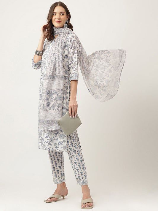 Sky Blue Floral HandBlock Printed Cotton Straight Kurta, trousers with Dupatta Set