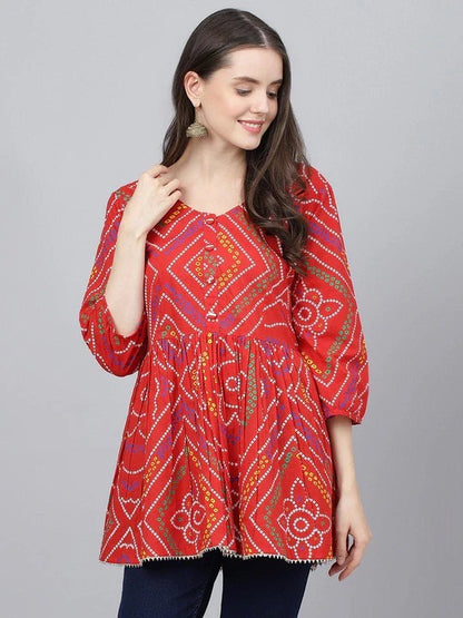 Red Colour Jaipuri Print Regular a-line top