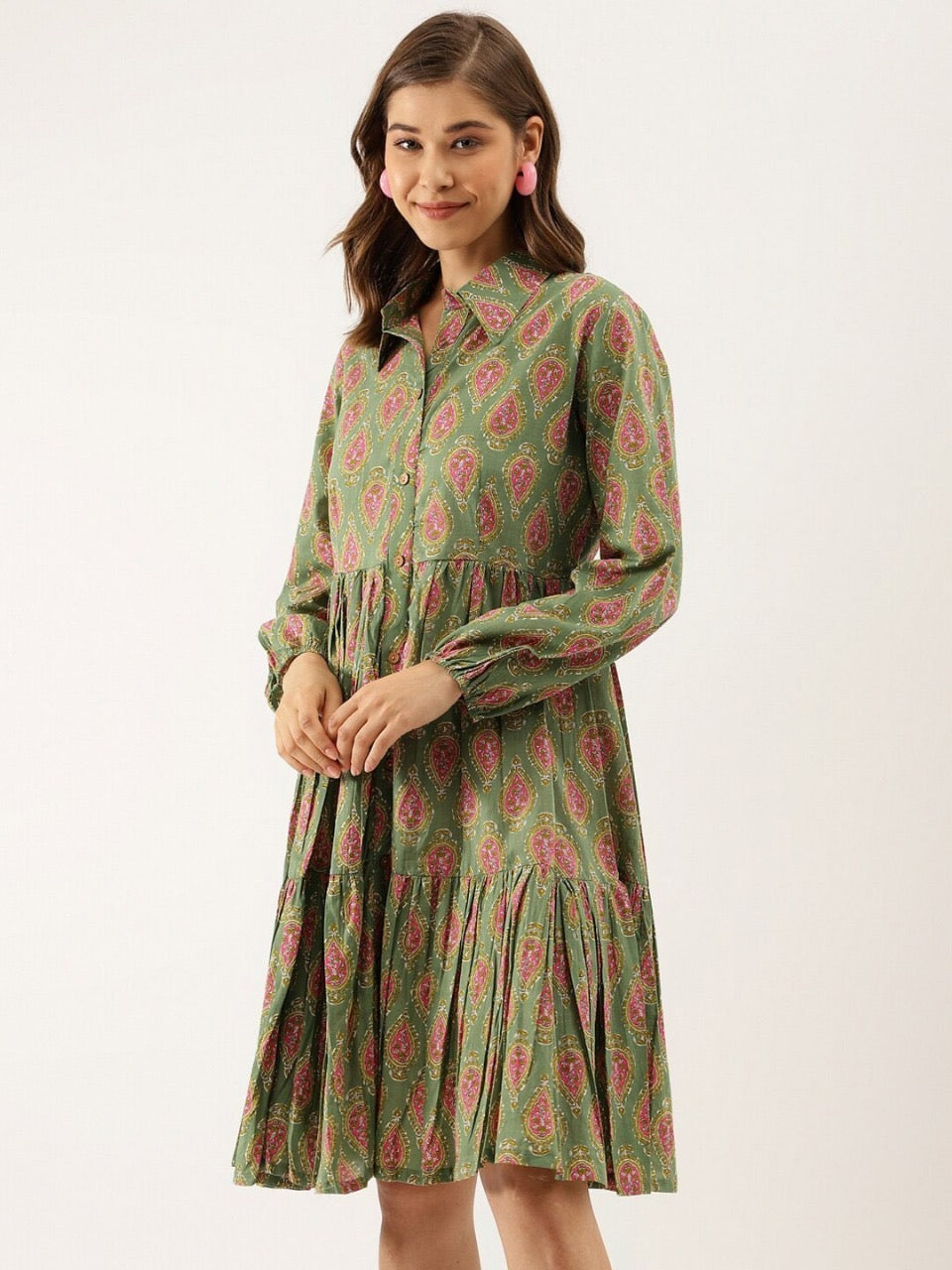 Green Ethnic Printed Tiered Cotton Shirt Dress