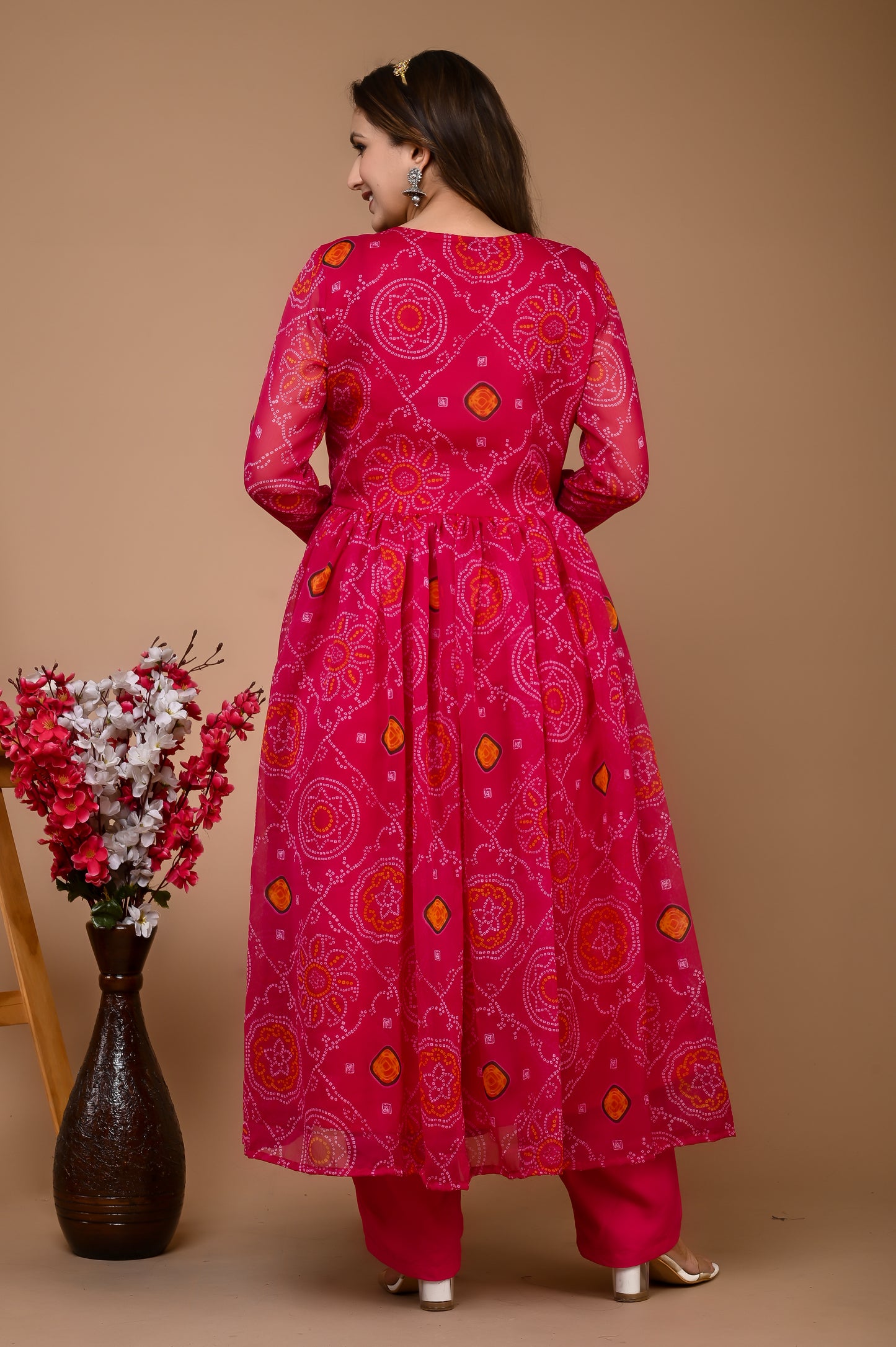 Pink Chiffon Alia Cut Yellow Suit Set