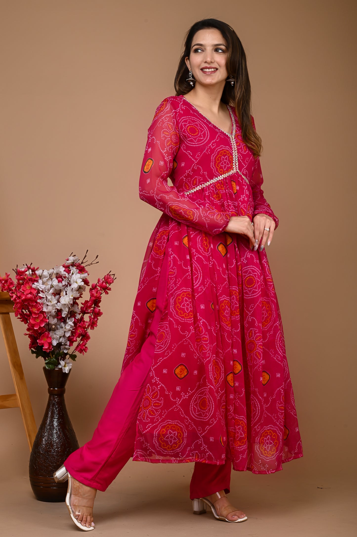 Pink Chiffon Alia Cut Yellow Suit Set