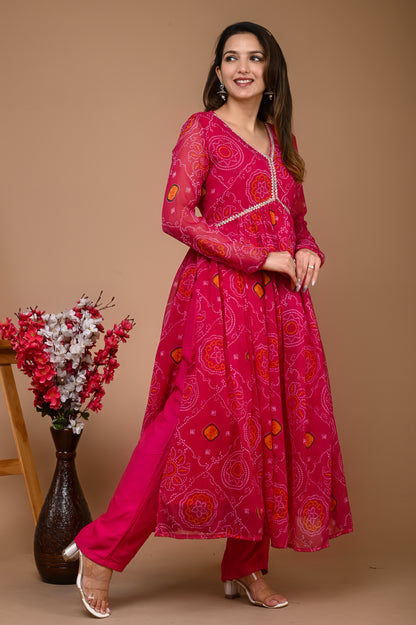 Pink Chiffon Alia Cut Yellow Suit Set