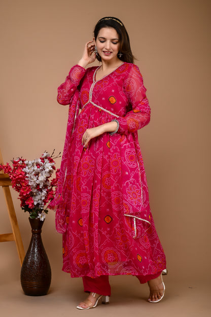 Pink Chiffon Alia Cut Yellow Suit Set