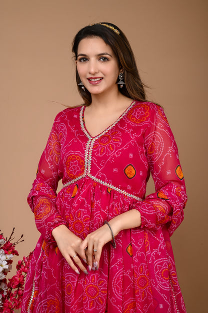 Pink Chiffon Alia Cut Yellow Suit Set