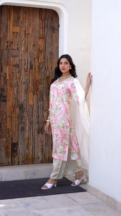 Cream-coloured printed Kurta with Trousers with dupatta